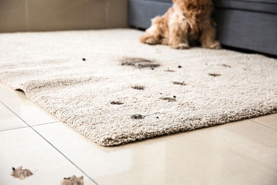 A dog is seated on a rug featuring paw prints, showcasing the relevance of pet mess removal services in Las Vegas, NV.